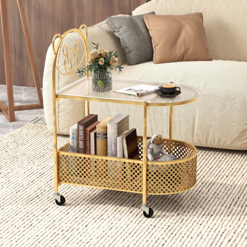 Hivvago 2-Tier Mobile Glass end Table with Bear Pattern