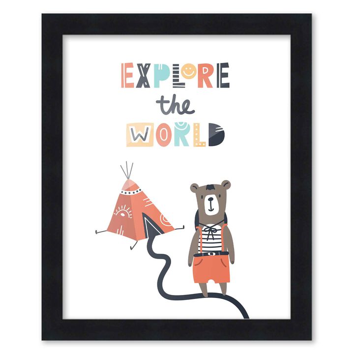 8x10 Framed Nursery Wall Little Explorer Explore the World Poster in Black Wood Frame For Kid Bedroom or Playroom
