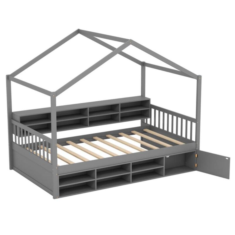 Hivvago Twin Size House Bed with Roof with 14 Storage Cubes and Enclosed Cabinet