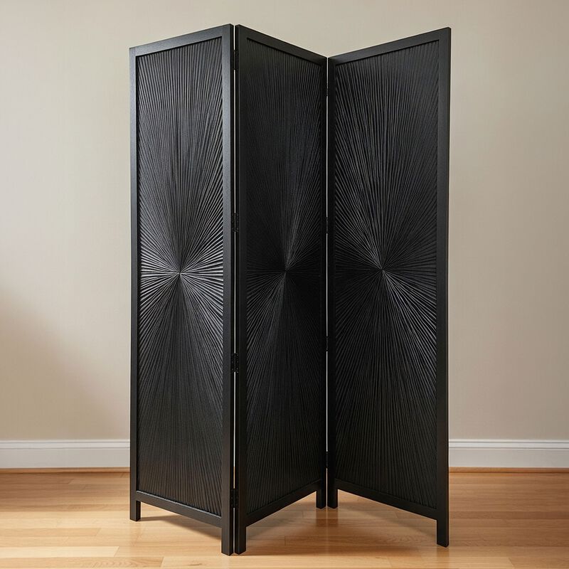Cava 3 Panel Folding Room Divider Screen, Sunburst Design, Black Mango Wood, 72" H image number 7