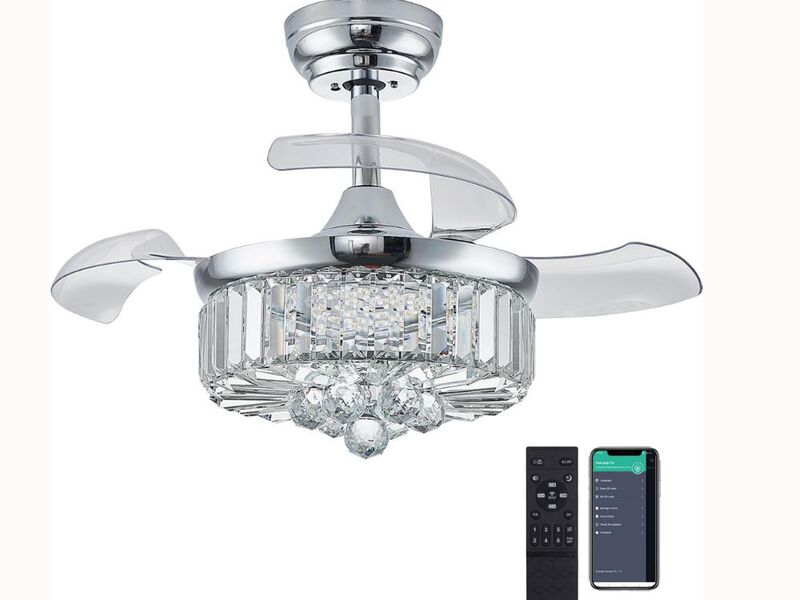 30" Crystal Ceiling Fan Chandelier – Retractable Blades, Dimmable LED, Timer & Remote, Silver Chrome Finish