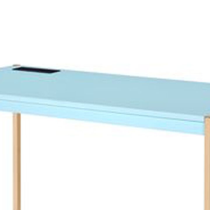 Writing Desk with USB Dock and Metal Legs, Sky Blue and Gold - Benzara