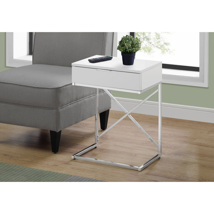 Monarch Specialties I 3470 Accent Table, Side, End, Nightstand, Lamp, Storage Drawer, Living Room, Bedroom, Metal, Laminate, Glossy White, Chrome, Contemporary, Modern
