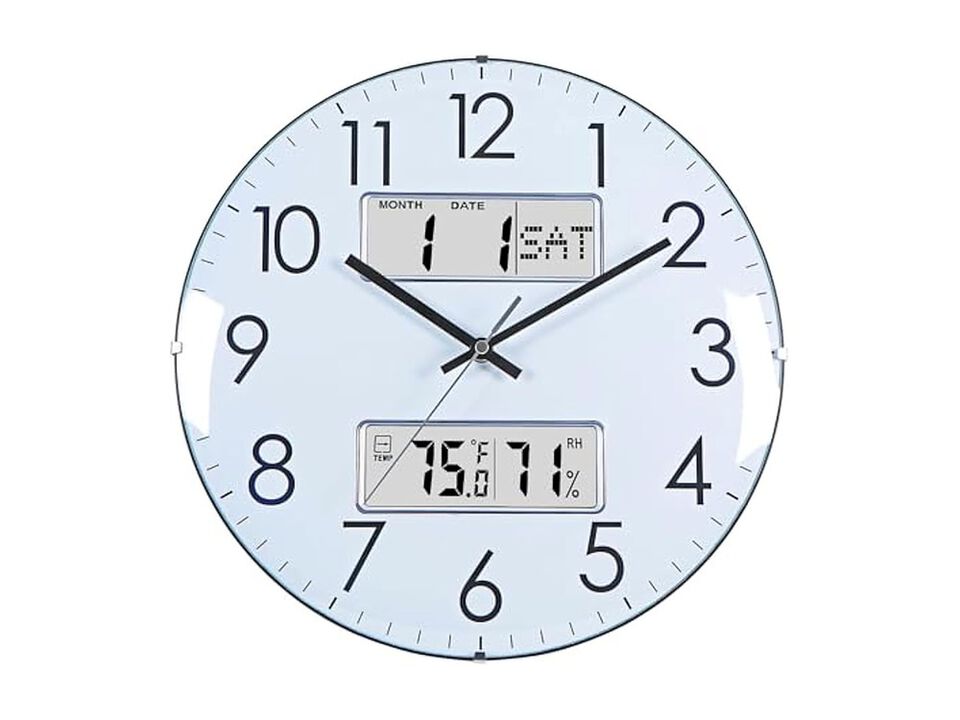 Calendar Temperature Humidity White Wall Clock Silent Home Decor