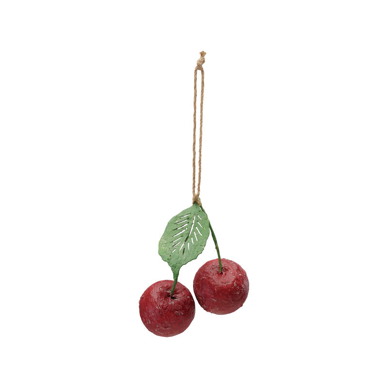 Artisan Paper M&acirc;che Cherries Ornament in Iron Red & Green image number 0