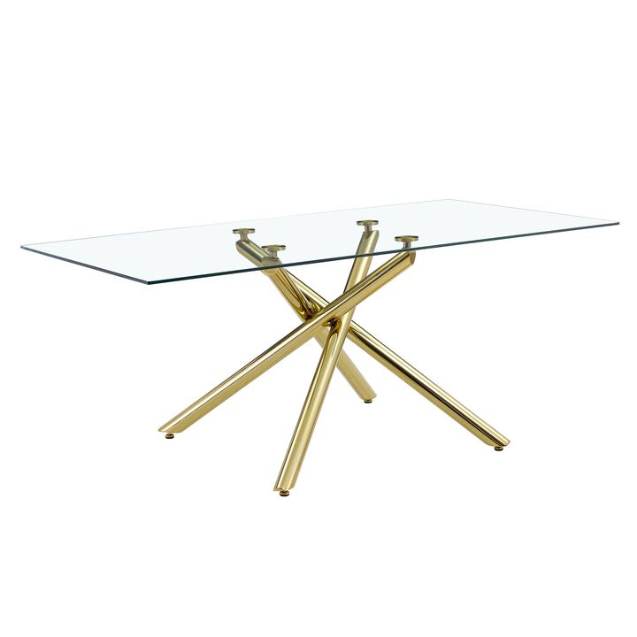 Hivvago 68 Seater Modern Rectangular Tempered Glass Table Top with Golden Plated Single Legs