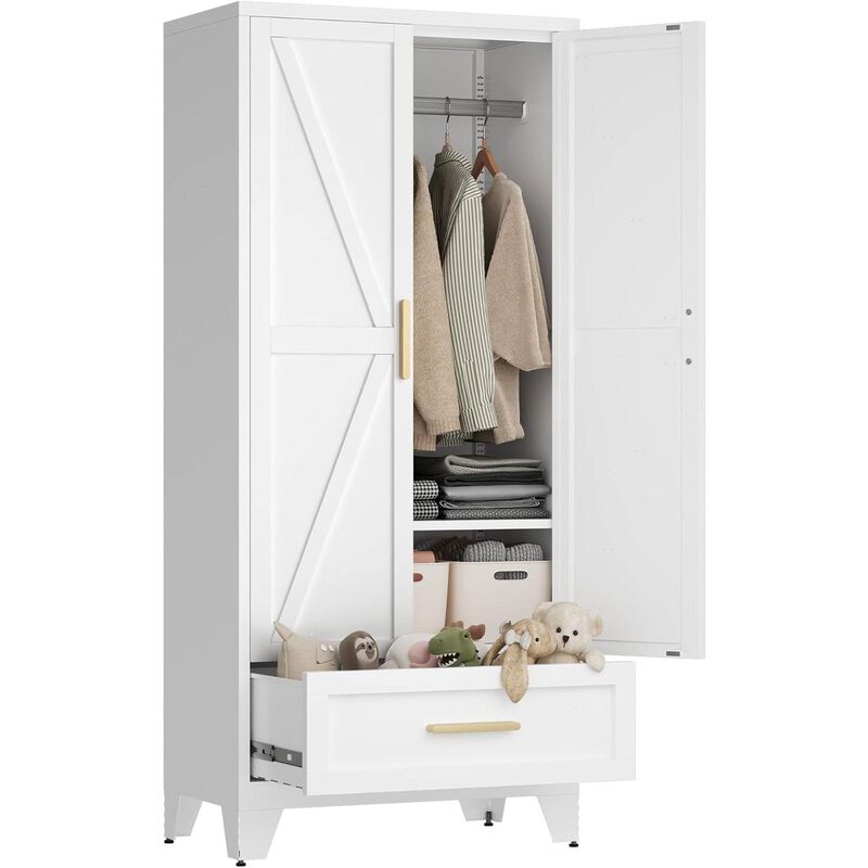 2-Door Wardrobe Armoire Cabinet with Storage Drawer and Hanging Rod