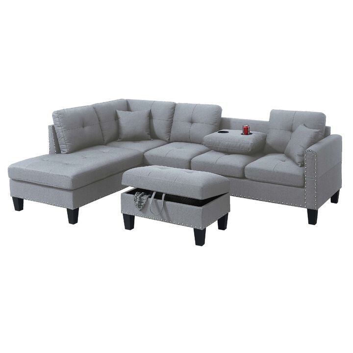 Rema 3pc Sectional Sofa, Chaise, Ottoman, 2 Pillows, Light Gray Linen