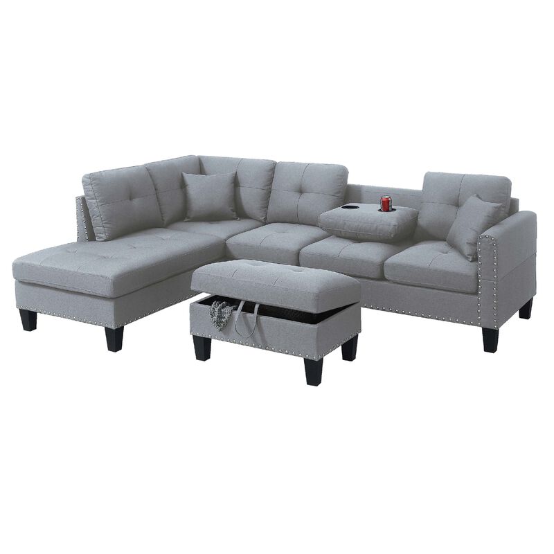 Rema 3pc Sectional Sofa, Chaise, Ottoman, 2 Pillows, Light Gray Linen
