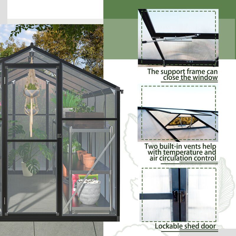 6x8 FT Greenhouse for Outdoors, Polycarbonate Greenhouse with Quick Setup Structure and Roof Vent image number 4