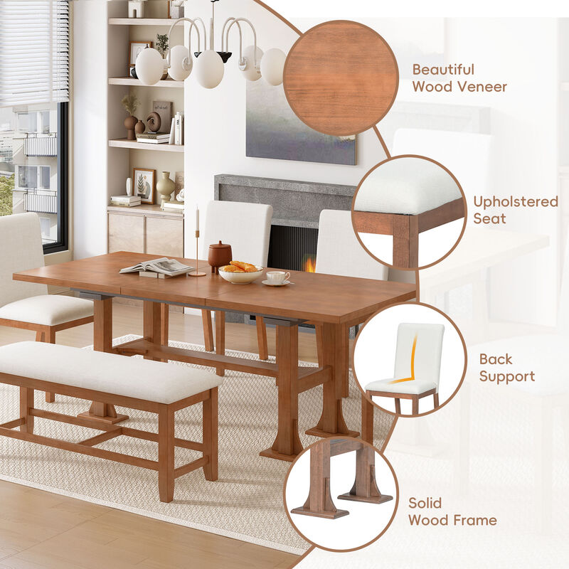 Merax Expandable Dining Table Set with 4 Cushioned Chairs & Sturdy Bench, Solid Wood Construction image number 5