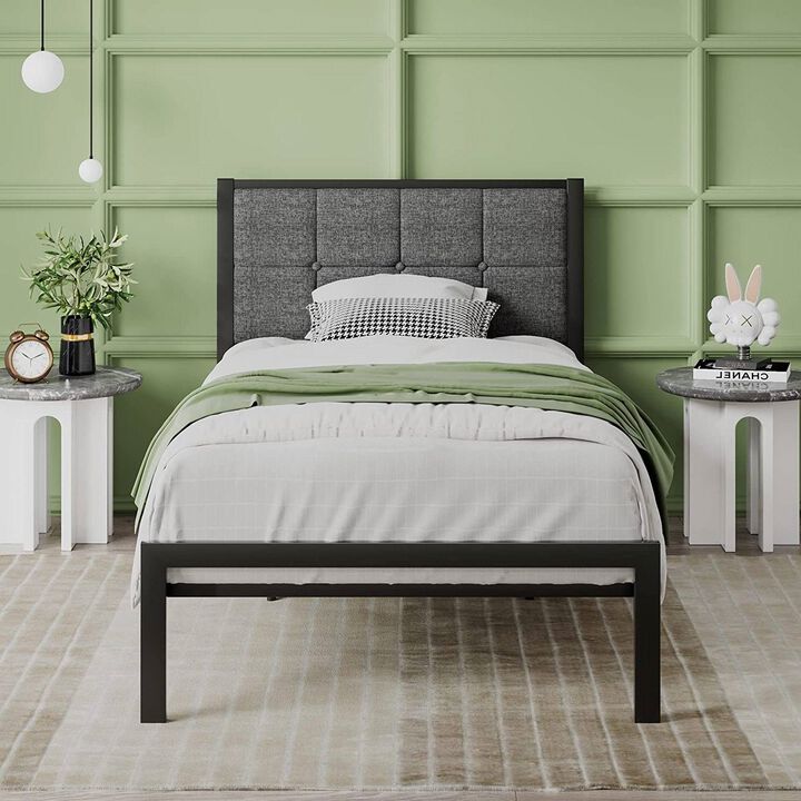 QuikFurn Twin Metal Platform Bed Frame with Gray Button Tufted Upholstered Headboard
