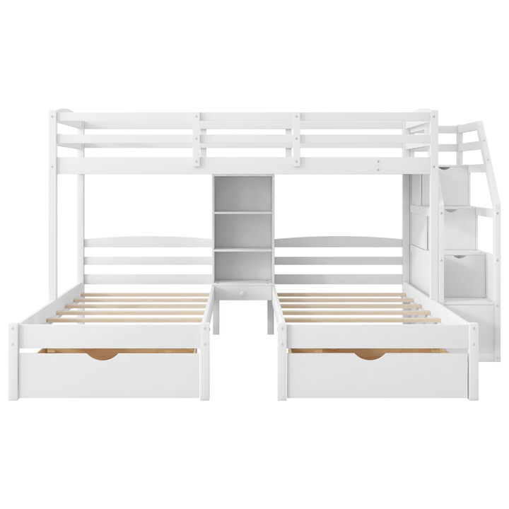 Whisen Twin over Twin Bunk Bed with Drawers, Slide & Shelves, Solid Pine for Kids Bedroom