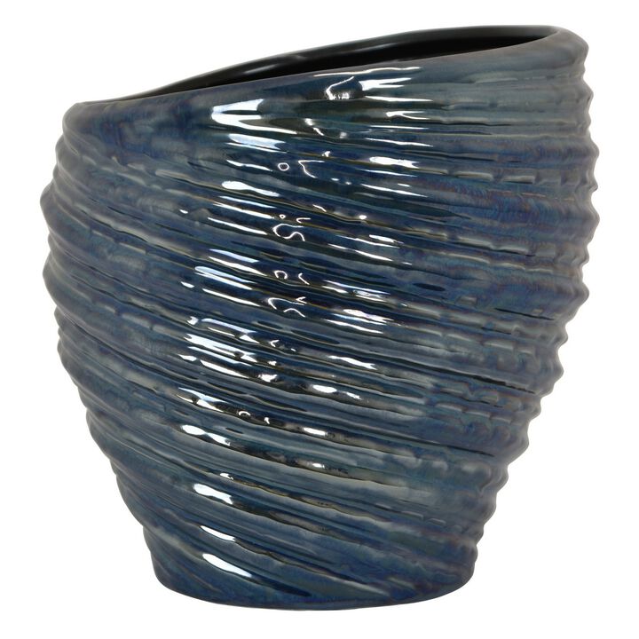 Avery Round Modern Vase, Spiral Turned Design, Blue Ceramic 17 Inch - Benzara
