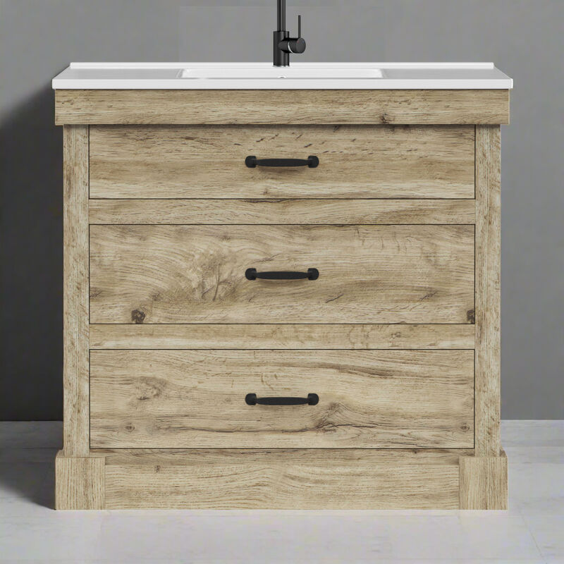 Teamson Home Donovan 36" Single Bathroom Vanity with Integrated Square Sink and Two Drawers, Light Oak image number 6