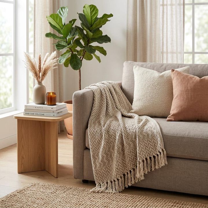HomeRoots Multi Beige Herringbone Woven Handloom Throw