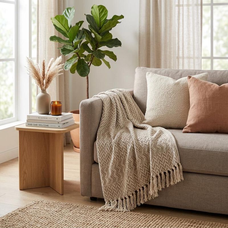 HomeRoots Multi Beige Herringbone Woven Handloom Throw image number 1