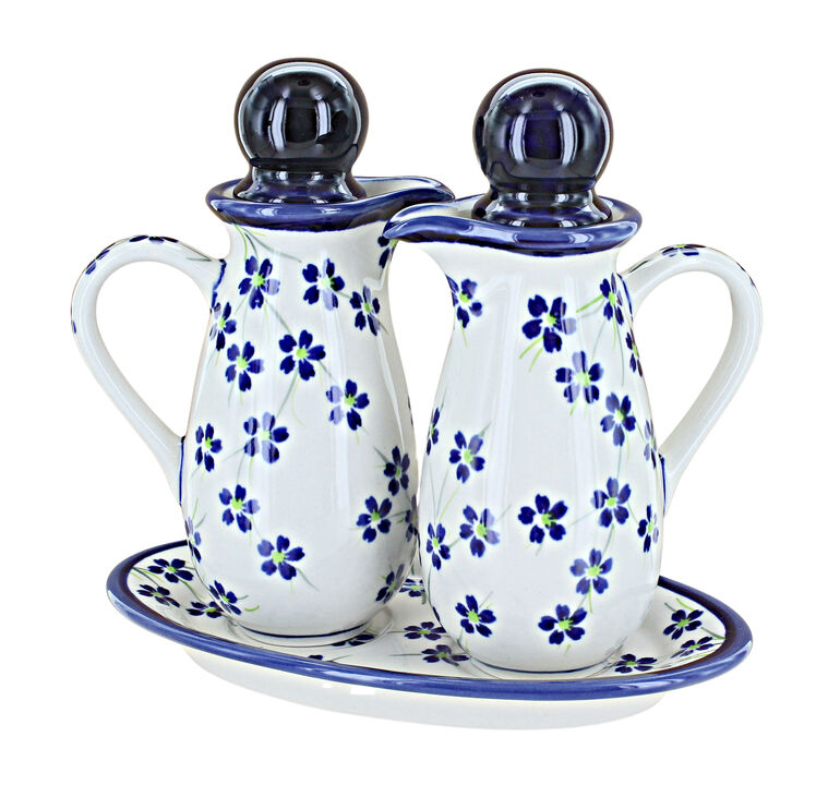 Blue Rose Polish Pottery Mosaic Flower Oil & Vinegar Set