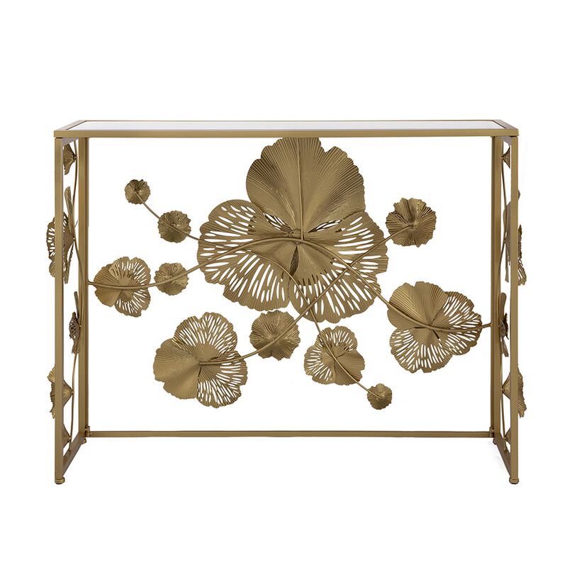 39 Inch Mirrored Top Console Table, Elegant Floral Design, Iron, Matte Gold-Benzara