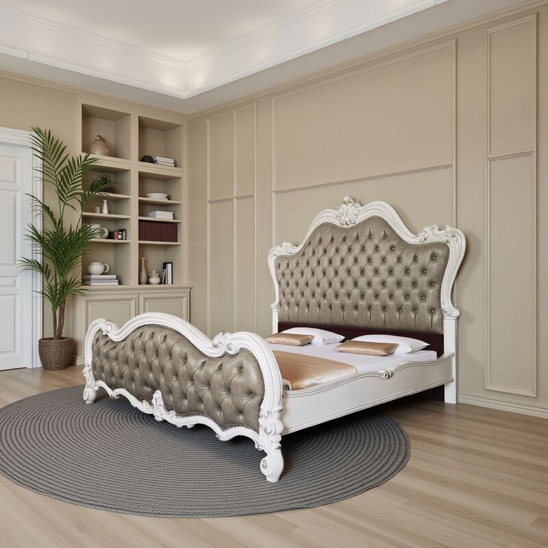 Sicily Queen Bed, Classic White Carved Frame, Tufted Gray Faux Leather - Benzara