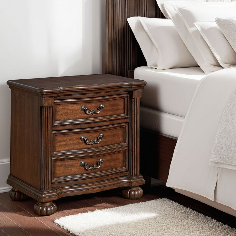 Laon Nightstand, 3 Drawer, Bronze, 29 Inch Cherry Brown Solid Hardwood - Benzara