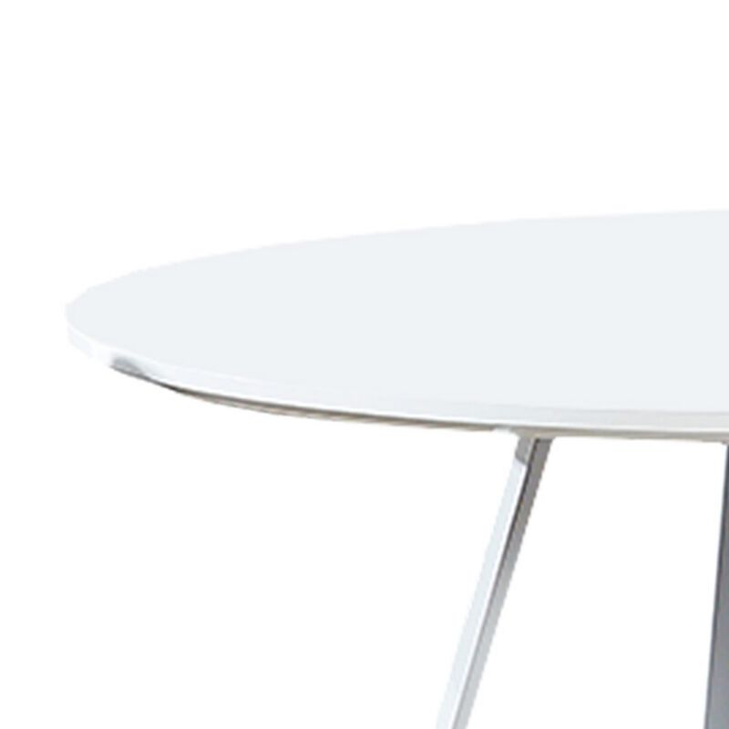 43 Inch Dining Table, Round High Gloss White Top and Angled Metal Legs