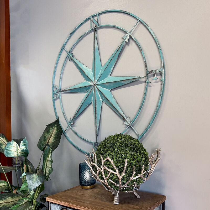 39 inch Aqua Metal Compass Rose Wall Decor Distressed Nautical Coastal Art image number 7