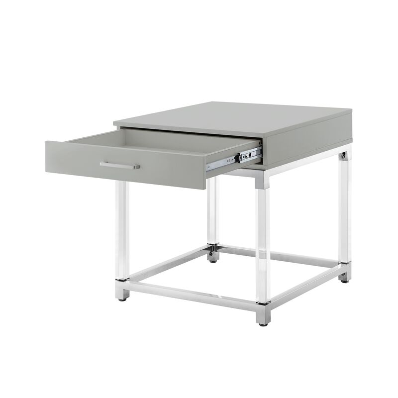 Inspired Home Kalel High Gloss 1 Drawer End Table with Acrylic Legs Stainless Steel Base