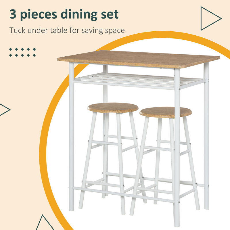 HOMCOM 3 Piece Counter Height Bar Table and Chairs Set, Space Saving Dining Table with 2 Matching Stools, Storage Shelf Metal Frame Footrest, White, Oak