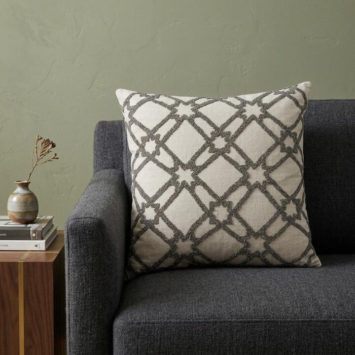 HomeRoots 20" Beige and Gray Diamond Cotton Throw Pillow With Embroidery