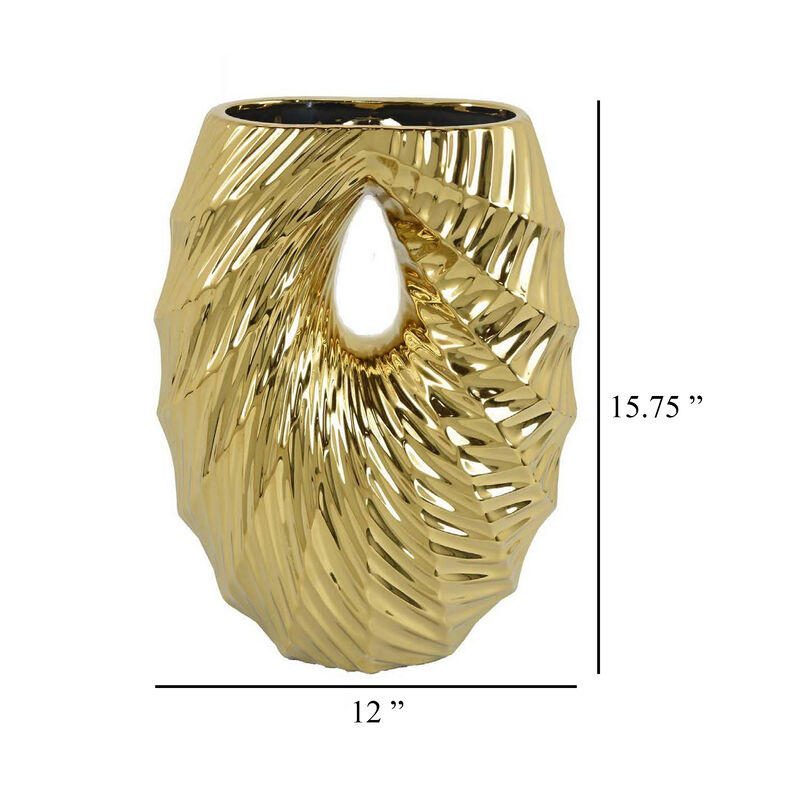 Decorative Vase, 16 Inch U Shape Ceramic Body, Gold Geometric Pattern - Benzara