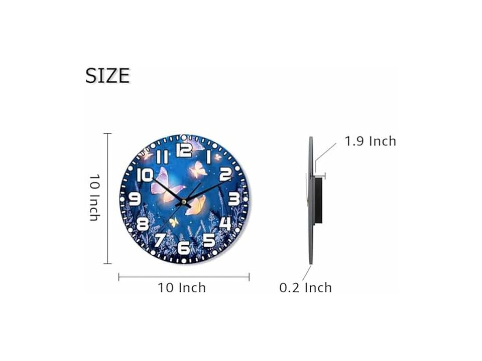 Glowing Butterflies Wood Wall Clock 10 Inch Silent Non Ticking Easy Read