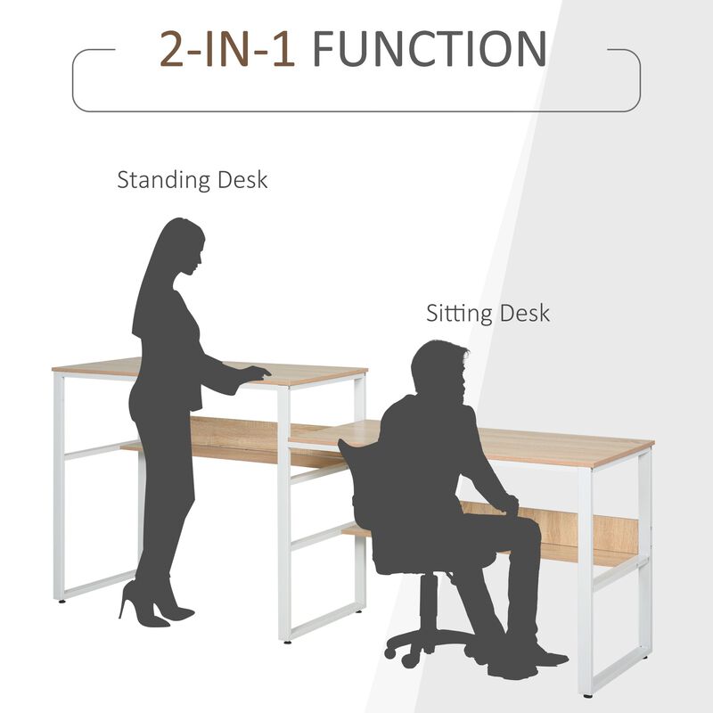 86.5 Inch Two Person Desk Double Computer Table Writing Desk with Open Shelves Long Storage Workstation for Home Office White and Natural