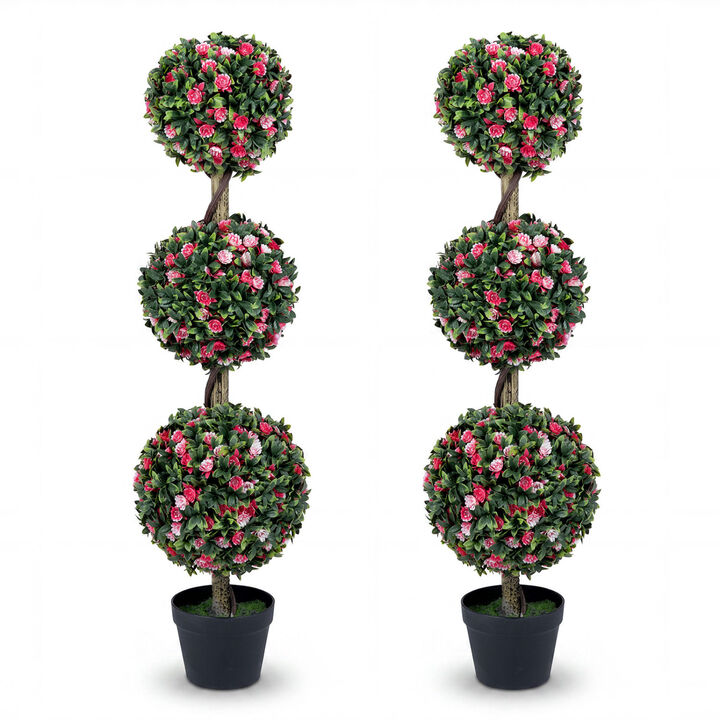 Set of 2 Decorative Triple Ball Rose Topiary Trees 43.5 Inch Indoor Outdoor