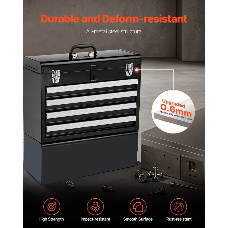 Portable Metal Tool Box with 4 Drawers, Locking Chest with EVA Liner and Ball Slides-Black image number 6