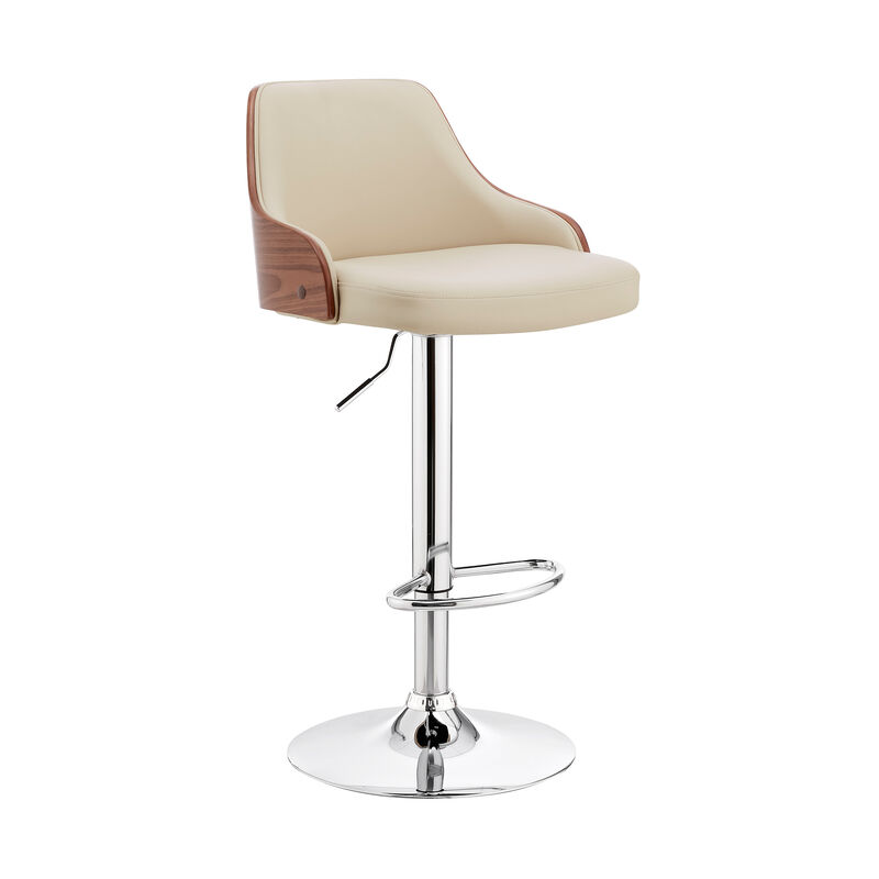 Faux Leather and Metal Adjustable Bar Stool, Cream and Silver-Benzara