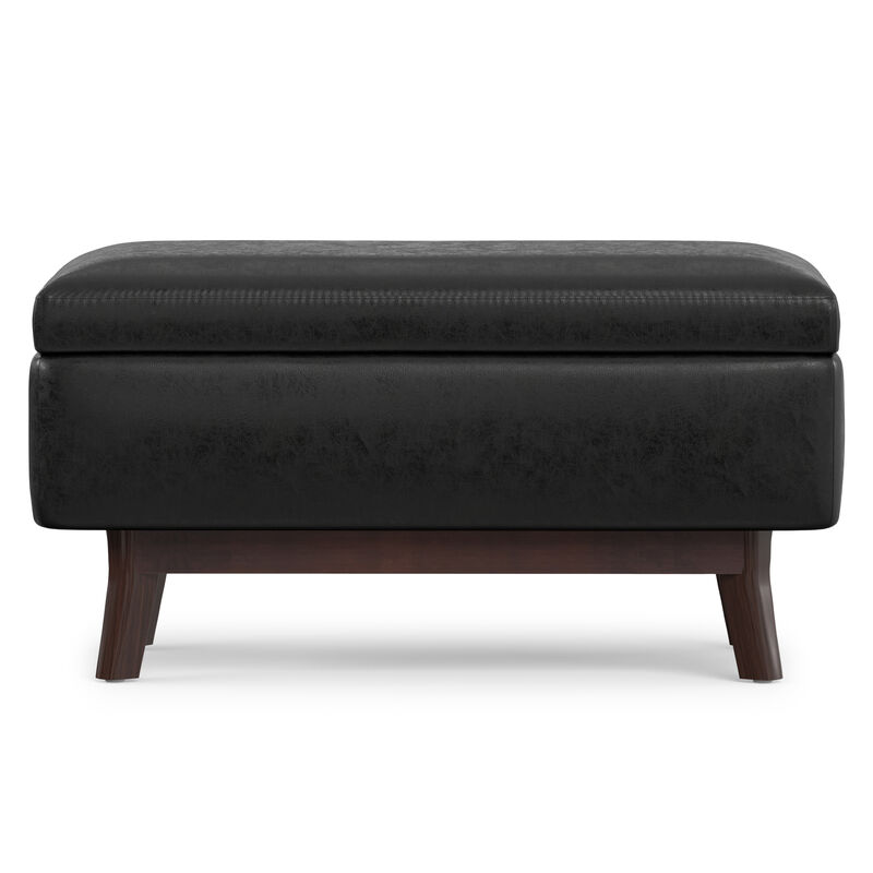 Owen 36 inch Wide Mid Century Modern Rectangle Small Rectangular Storage Ottoman in Distressed Black Vegan Faux Leather, Assembled image number 2