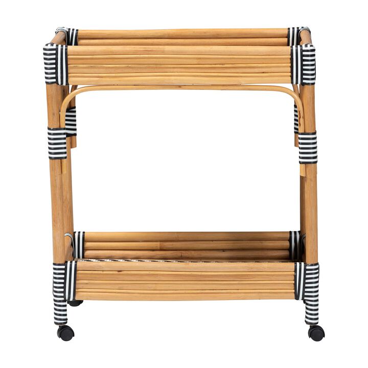 bali & pari Carmine Natural Rattan Kitchen Cart - 2-Tier Handwoven Wicker Storage Trolley with Raised Borders for Kitchen or Lounge