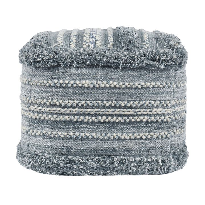 Kobi Square Ottoman Pouf, 18 Inch Blue Polyester, Boho Knitted Texture - Benzara