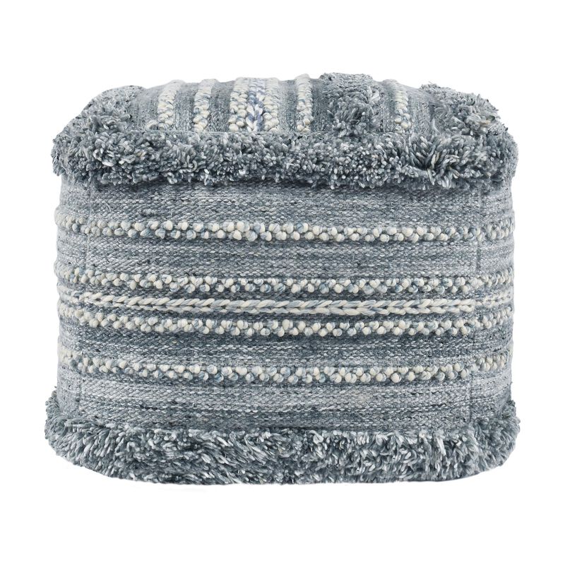 Kobi Square Ottoman Pouf, 18 Inch Blue Polyester, Boho Knitted Texture - Benzara