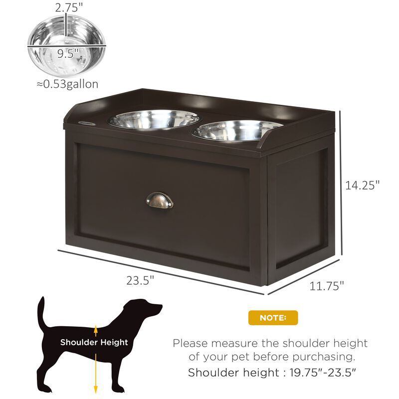 Large Elevated Dog Bowls with Storage Drawer Containing 21L Capacity, Raised Raised Pet Feeding Station with 2 Stainless Steel Bowls, Brown