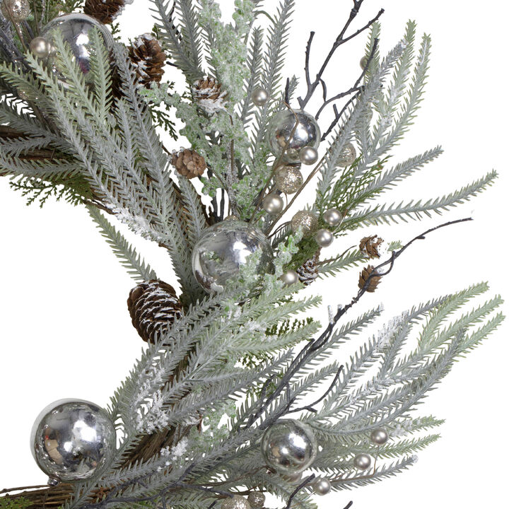 28" Artificial Pine Frosted Christmas Wreath with Silver Berries-Unlit