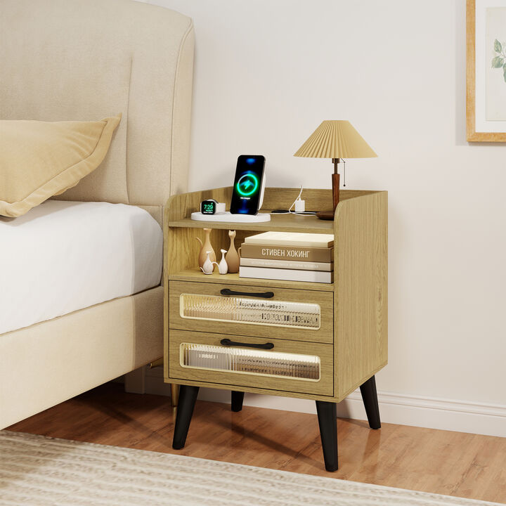 Mid-Century Nightstand with LED Lighting and Built-In Charging Station