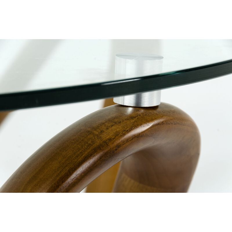Cid Lasp Coffee Table, 45 Inch, Round Glass Top, Walnut Wave Design Base - Benzara image number 2