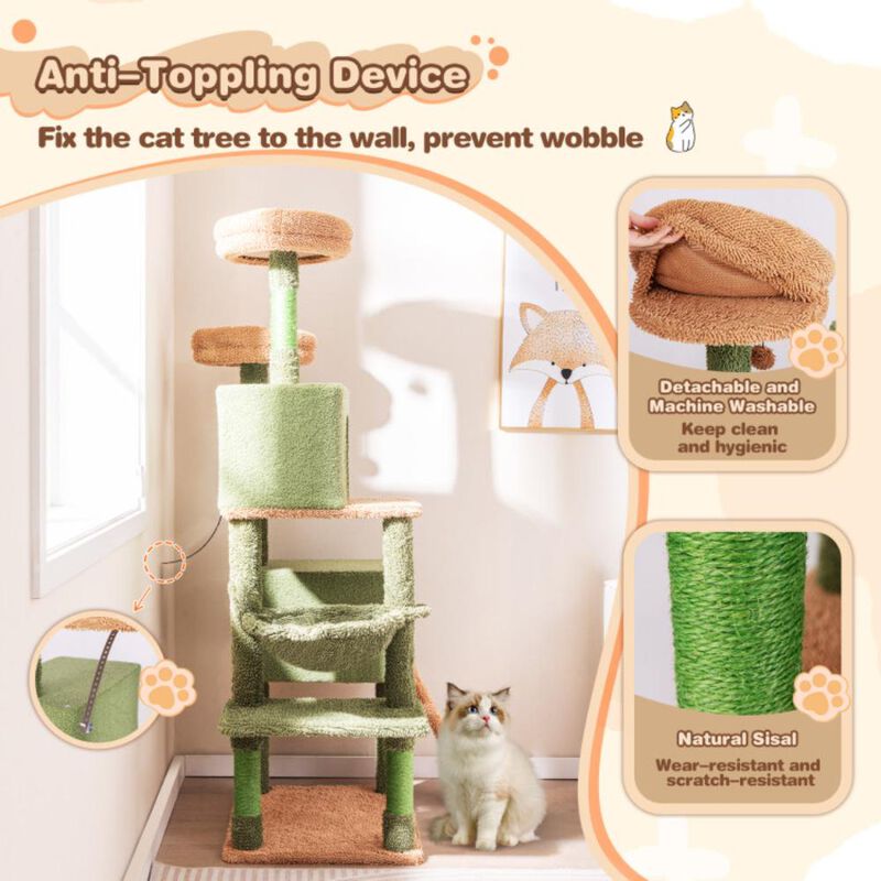Hivvago Multi-level Cactus Cat Tree with Scratching Posts Ladder Double Condos and Toys Bed