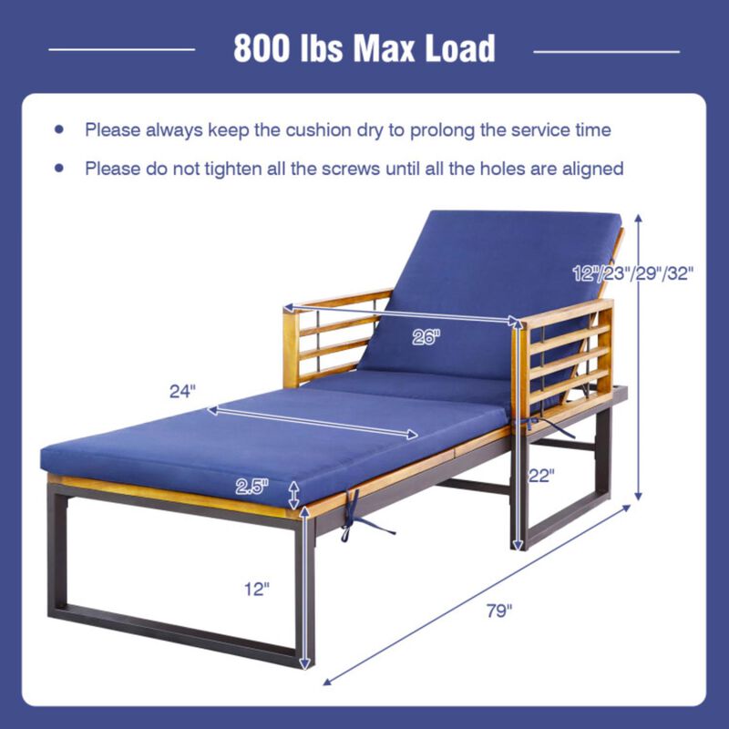 Hivvago Adjustable Cushioned Patio Chaise Lounge Chair with 4-Level Backrest-Navy