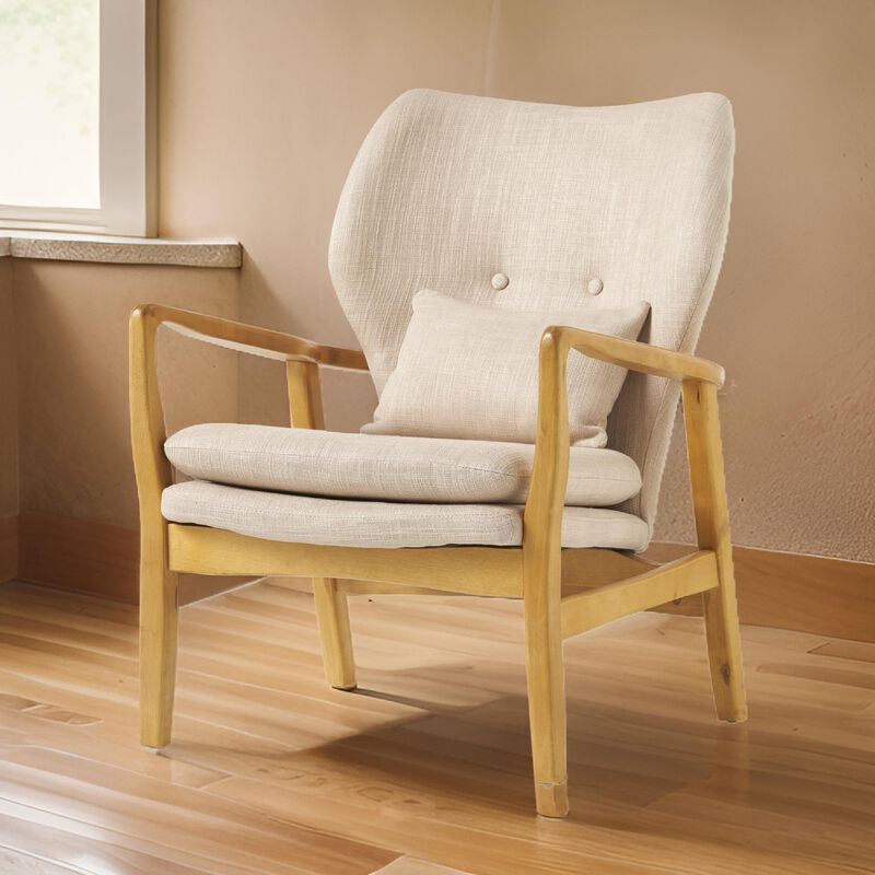 Keya Accent Chair, 1 Pillow, Beige, Button Tufted Back, Light Brown Wood