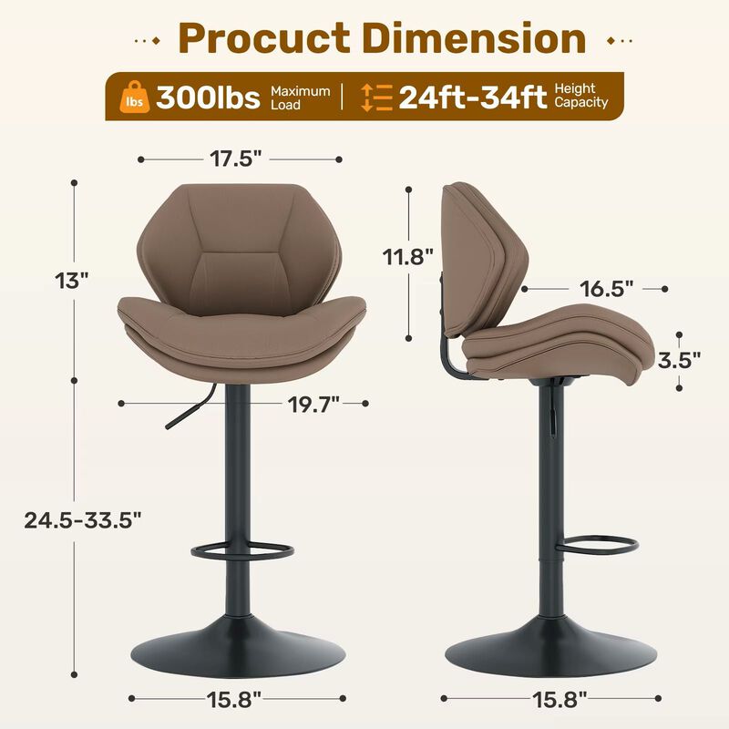 Modern Ergonomic PU Leather Bar Stools, Adjustable Counter Height Stools with Double-Layer Cushion, Steady Stainless Steel Frame Rustic Kitchen Island Chairs for Outdoor image number 5