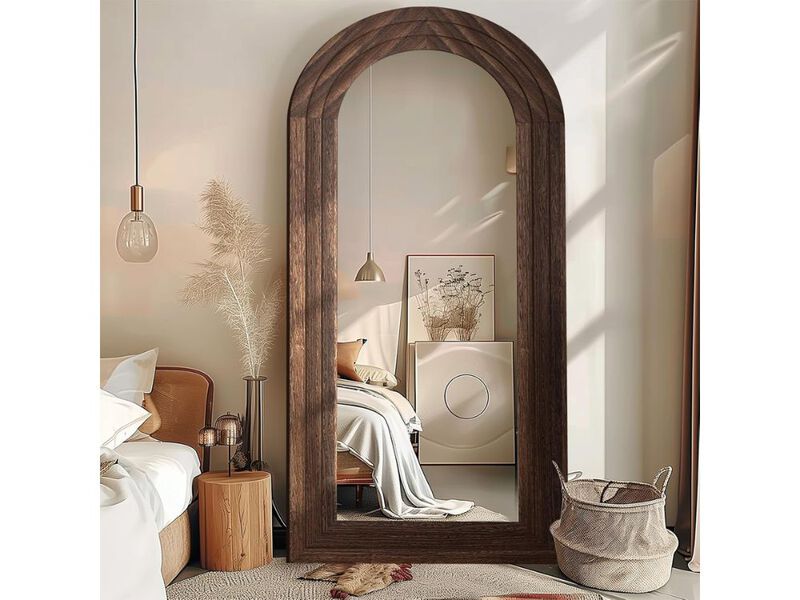 71x32 Inch Brown Arched Full Length Mirror with Solid Wood Frame image number 1
