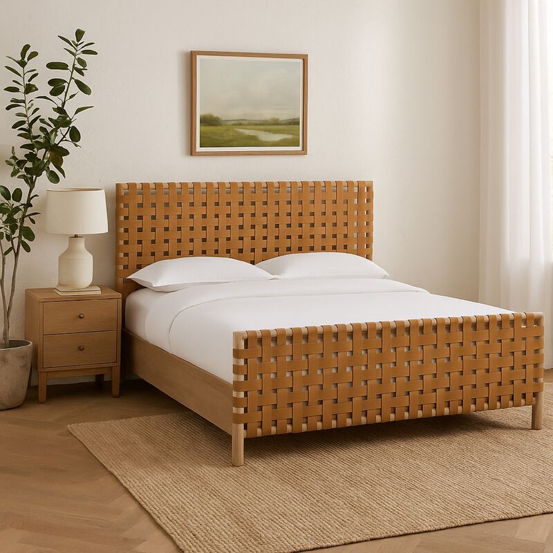Dory King Size Bed, Hand Woven Headboard, Faux Leather Upholstery, Brown - Benzara